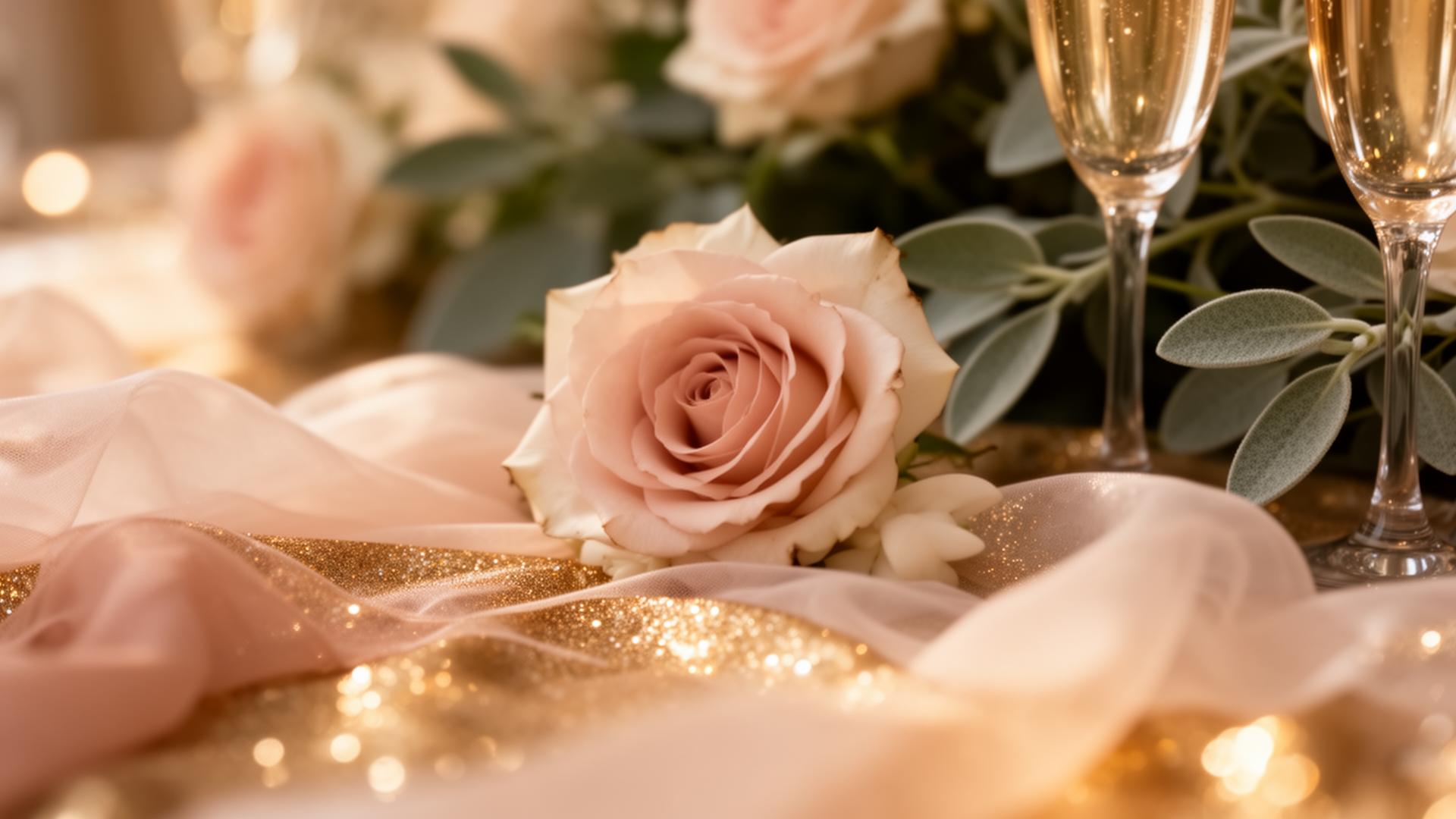 Elegant wedding decor with blush roses, champagne glasses and golden light